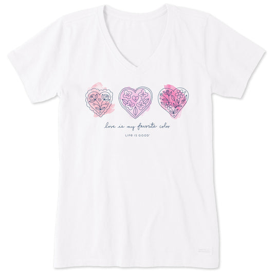 Women's 3 Doodle Hearts Short Sleeve Vee