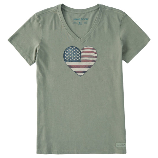 Women's Etching USA Heart Short Sleeve Crusher Vee