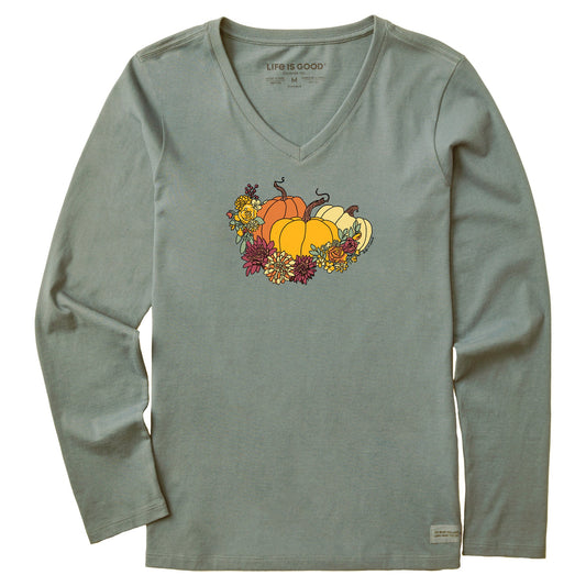 Women's Pumpkin and Flowers Long Sleeve Crusher Vee