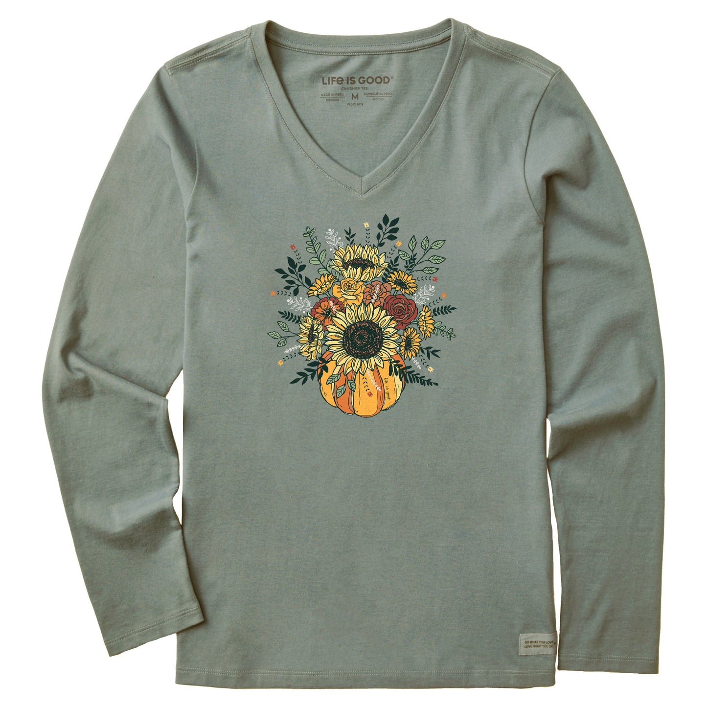 Women's Fall Pumpkin Flowers Long Sleeve Crusher Vee
