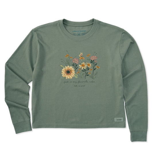Women's Fall Favorite Color Flowers Long Sleeve Crusher Boxy Tee