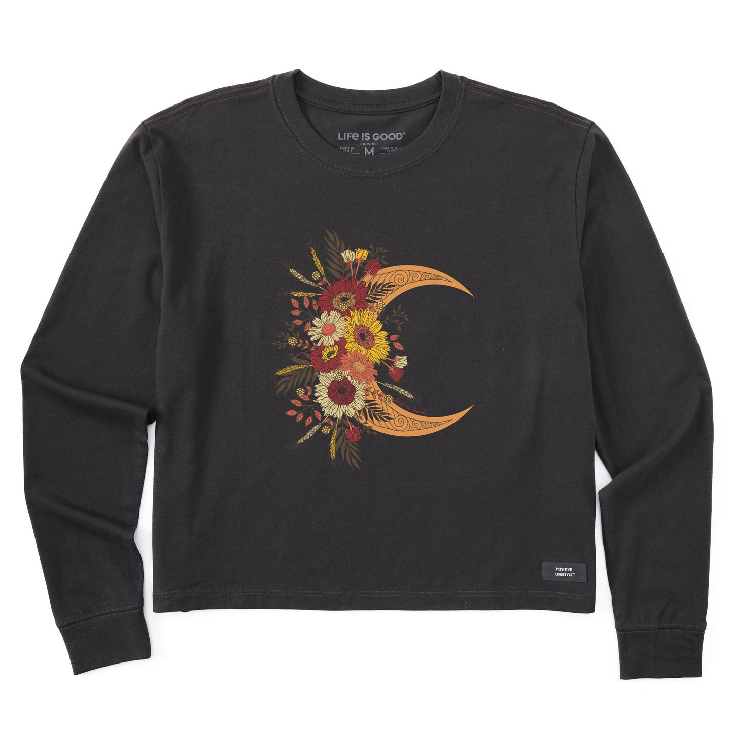 Women's Fall Moon and Flowers Long Sleeve Crusher Boxy Tee