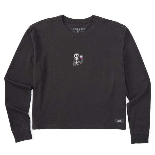 Women's Skeleton with Wine Long Sleeve Crusher Boxy Tee