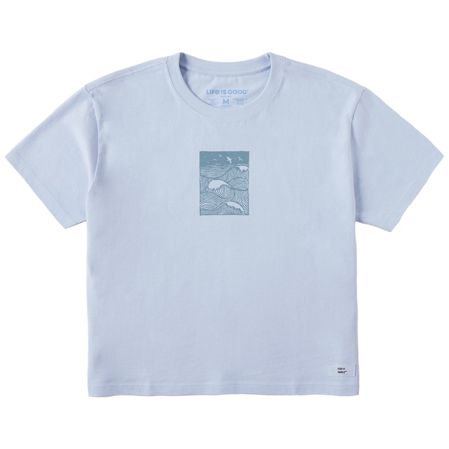 Women's Woodblock Ocean Scene Short Sleeve Crusher Boxy Tee