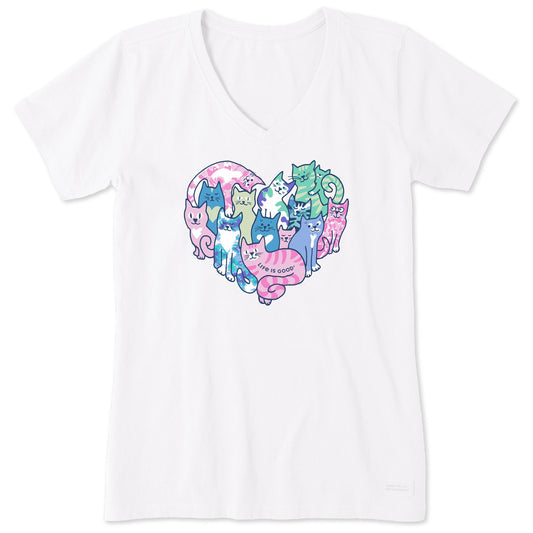 Women's Tie Dye Heart of Cats Short Sleeve Vee