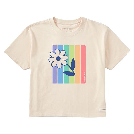 Women's Stripey Peeking Daisy Short Sleeve Crusher Boxy Tee