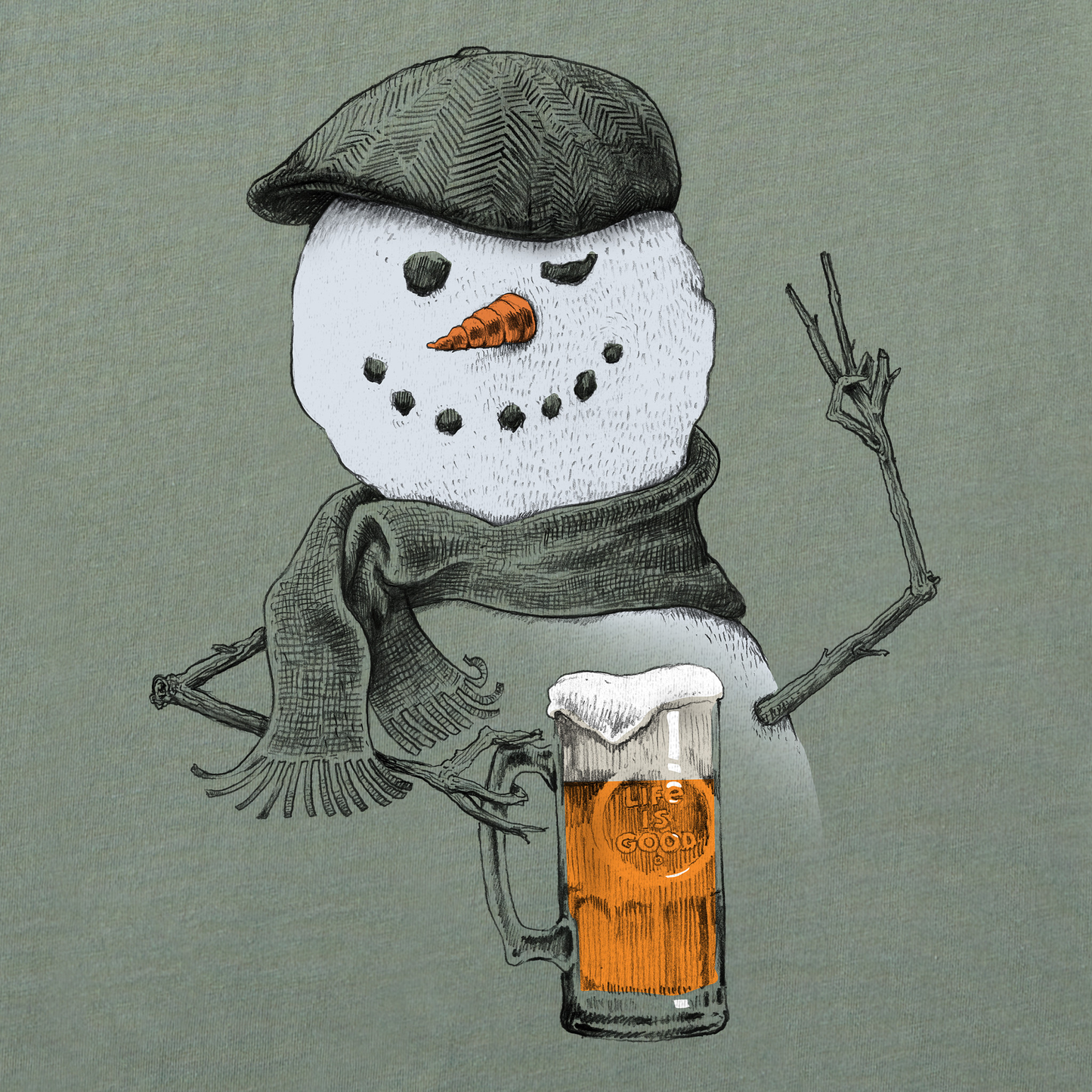 Men's Peaceful Snowman w Beer Short Sleeve Crusher Tee