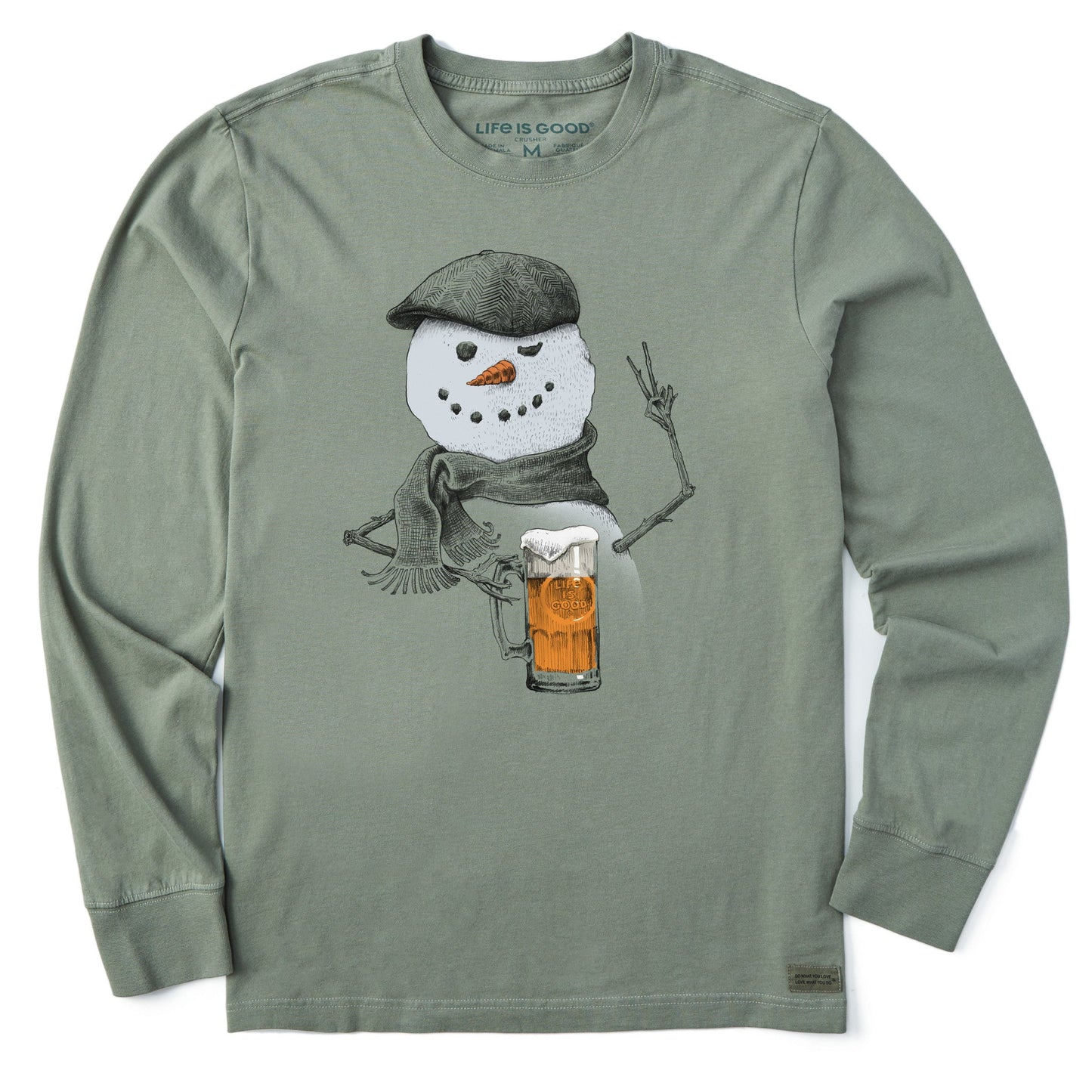 Men's Peaceful Snowman w Beer Long Sleeve Crusher Tee