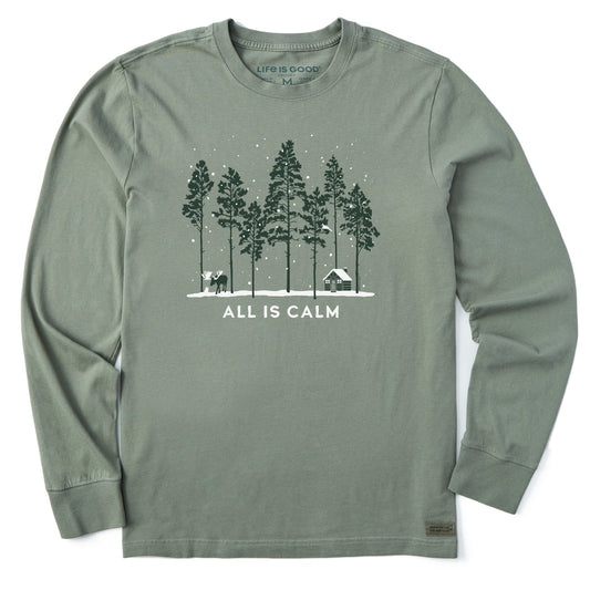 Men's All is Calm Moose Cabin Long Sleeve Crusher Tee