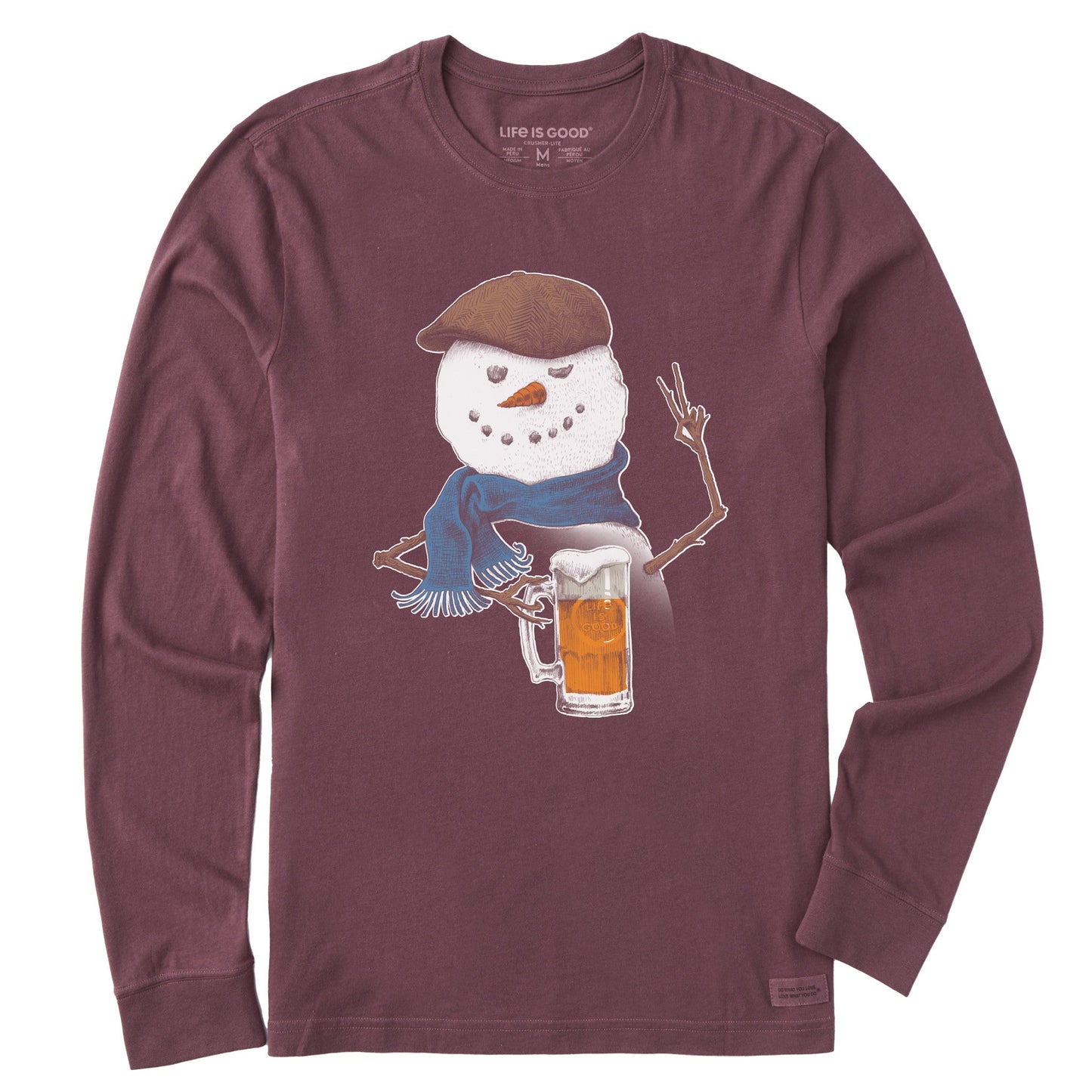 Men's Peaceful Snowman w Beer Long Sleeve Crusher Tee