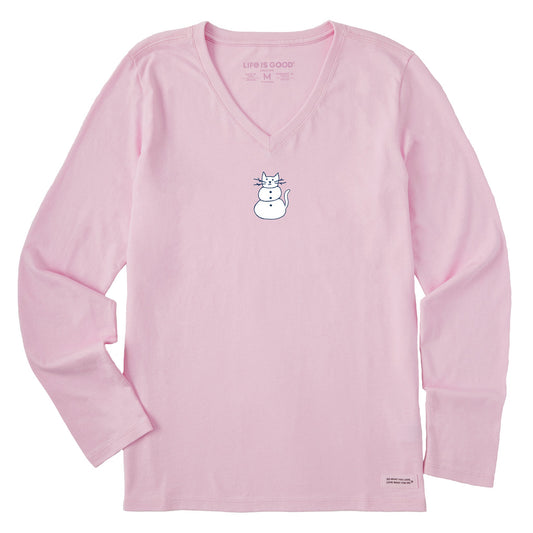 Women's Cat Snowman Long Sleeve Crusher Vee
