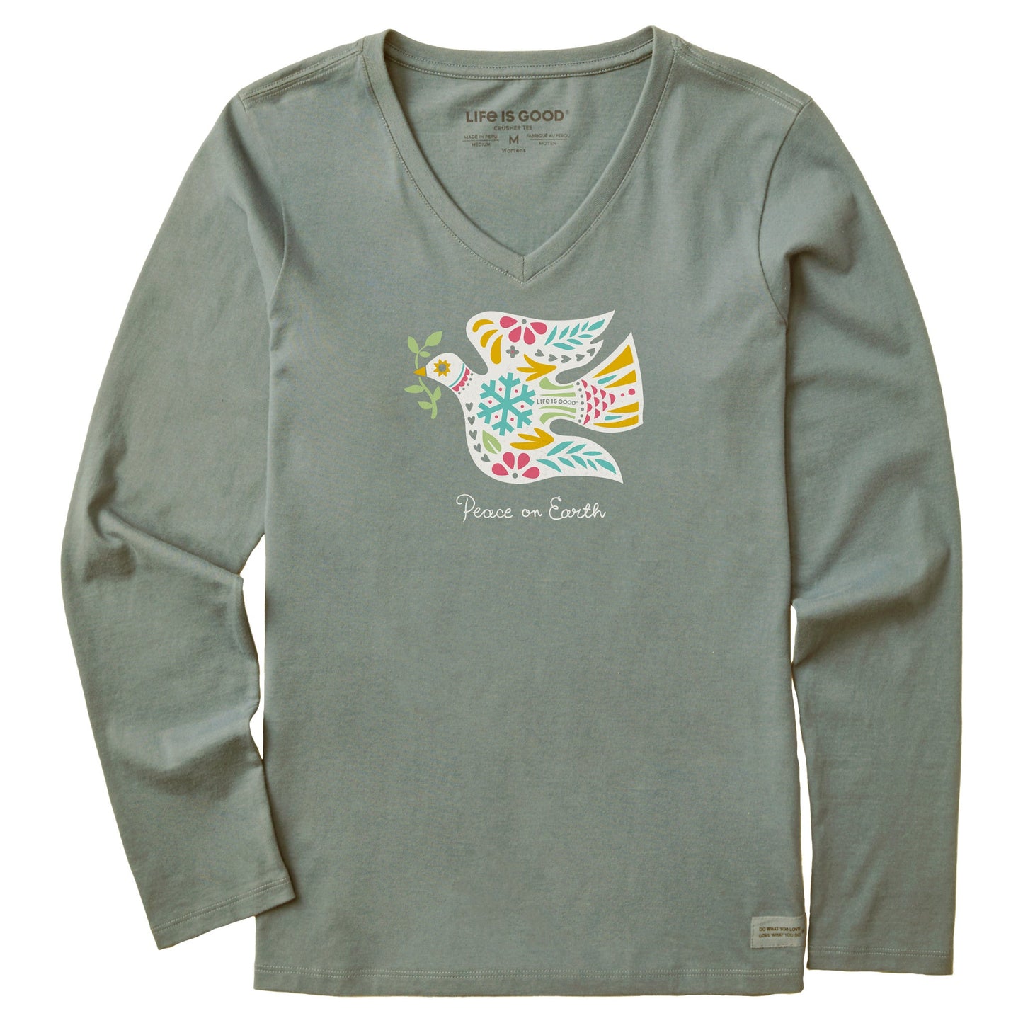 Women's Folkie Peace on Earth Dove Long Sleeve Crusher Vee