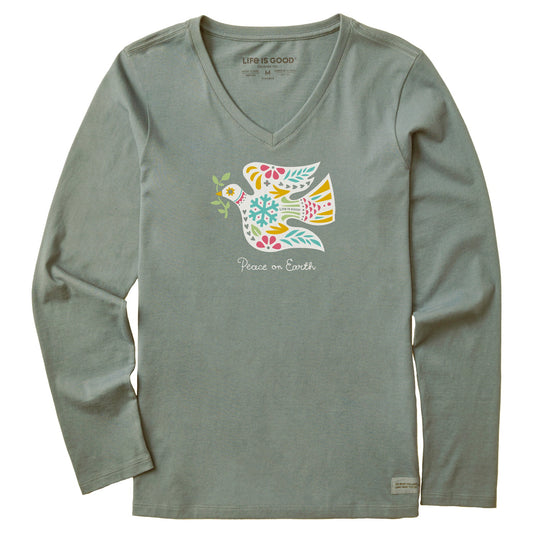 Women's Folkie Peace on Earth Dove Long Sleeve Crusher Vee
