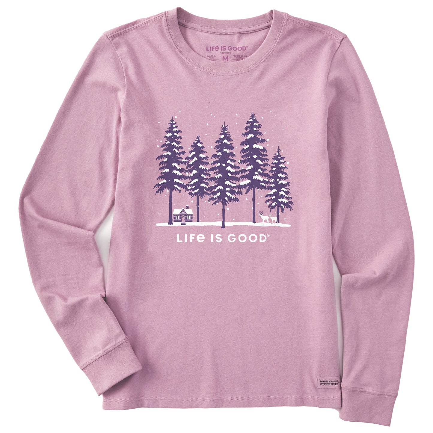 Women's Snowy Winter Cabin Scene Long Sleeve Crusher Tee