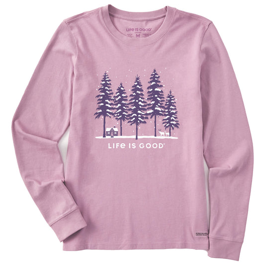 Women's Snowy Winter Cabin Scene Long Sleeve Crusher Tee
