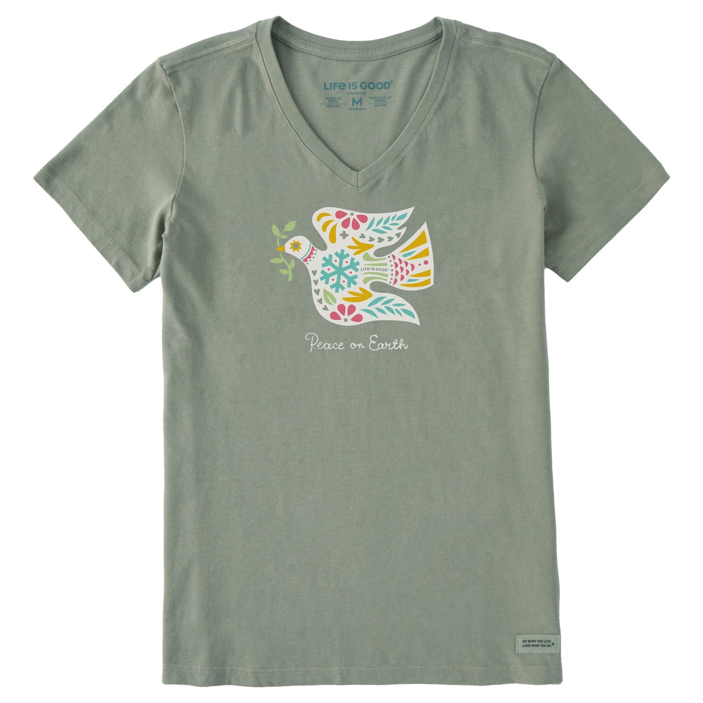 Women's Folkie Peace on Earth Dove Short Sleeve Crusher Vee