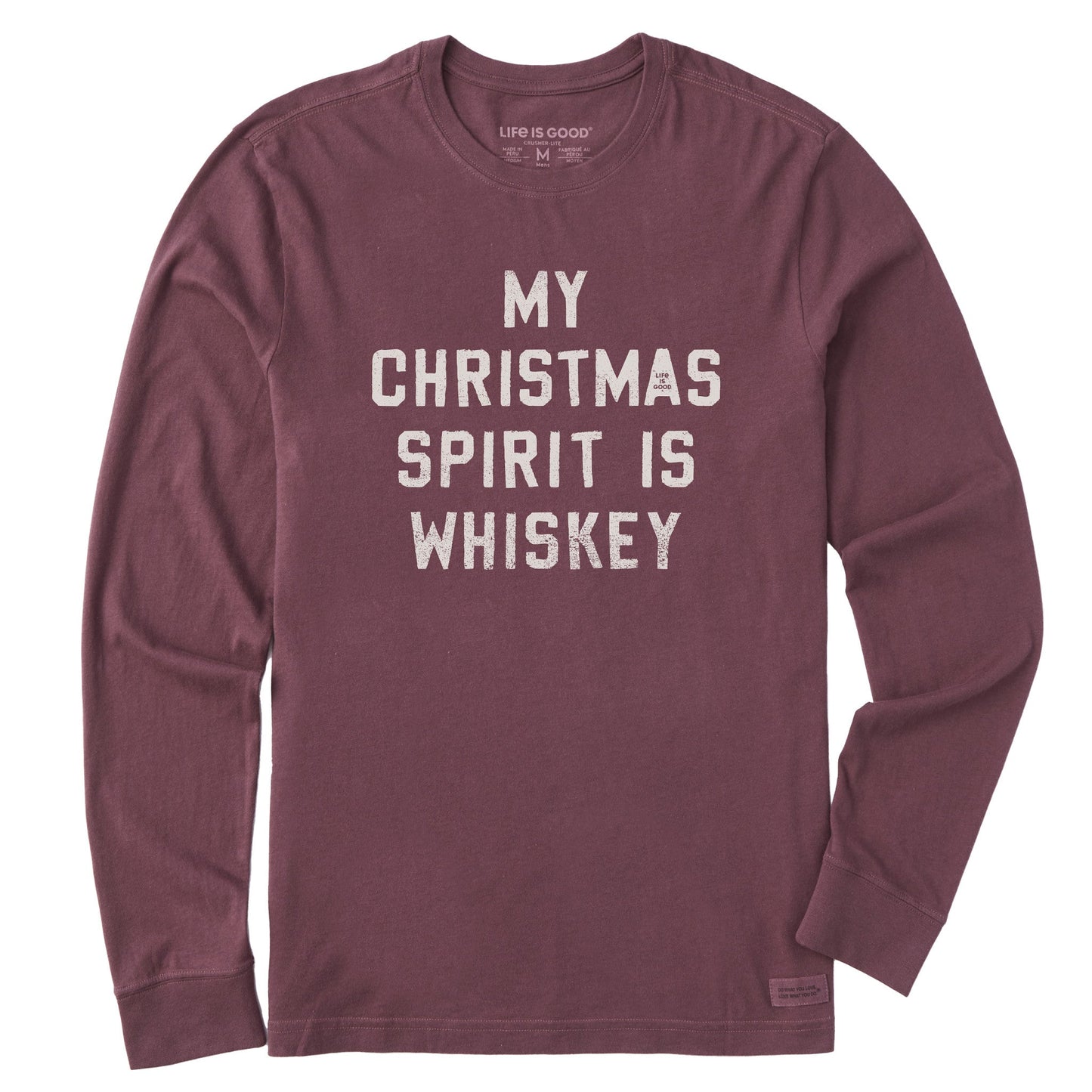 Men's Christmas Spirit is Whiskey Block Letter Long Sleeve Crusher Tee