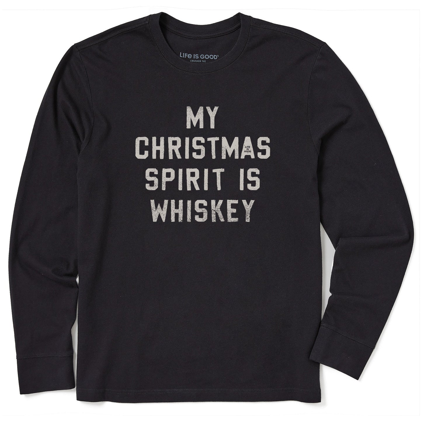 Men's Christmas Spirit is Whiskey Block Letter Long Sleeve Crusher Tee