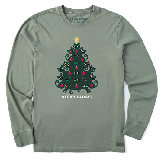Men's Meowy Catmas Cat Christmas Tree Long Sleeve Crusher Tee