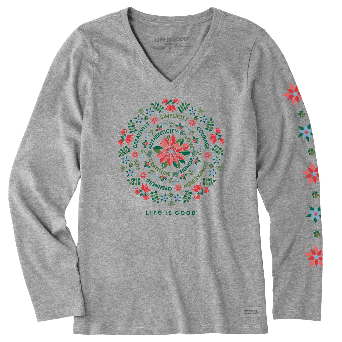 Women's Poinsettia Mandala Long Sleeve Crusher Vee