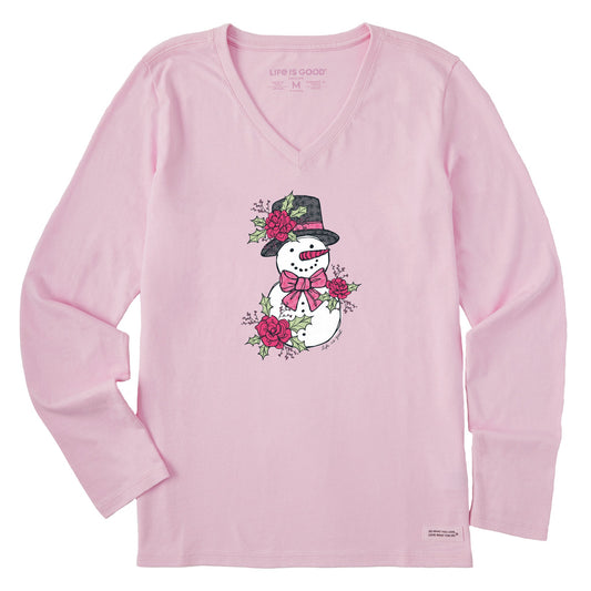 Women's Floral Snowman Long Sleeve Crusher Vee