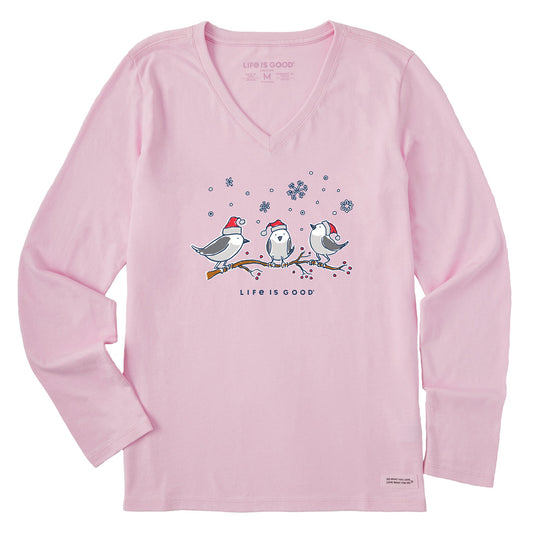 Women's Three Little Holiday Birds Long Sleeve Crusher Vee