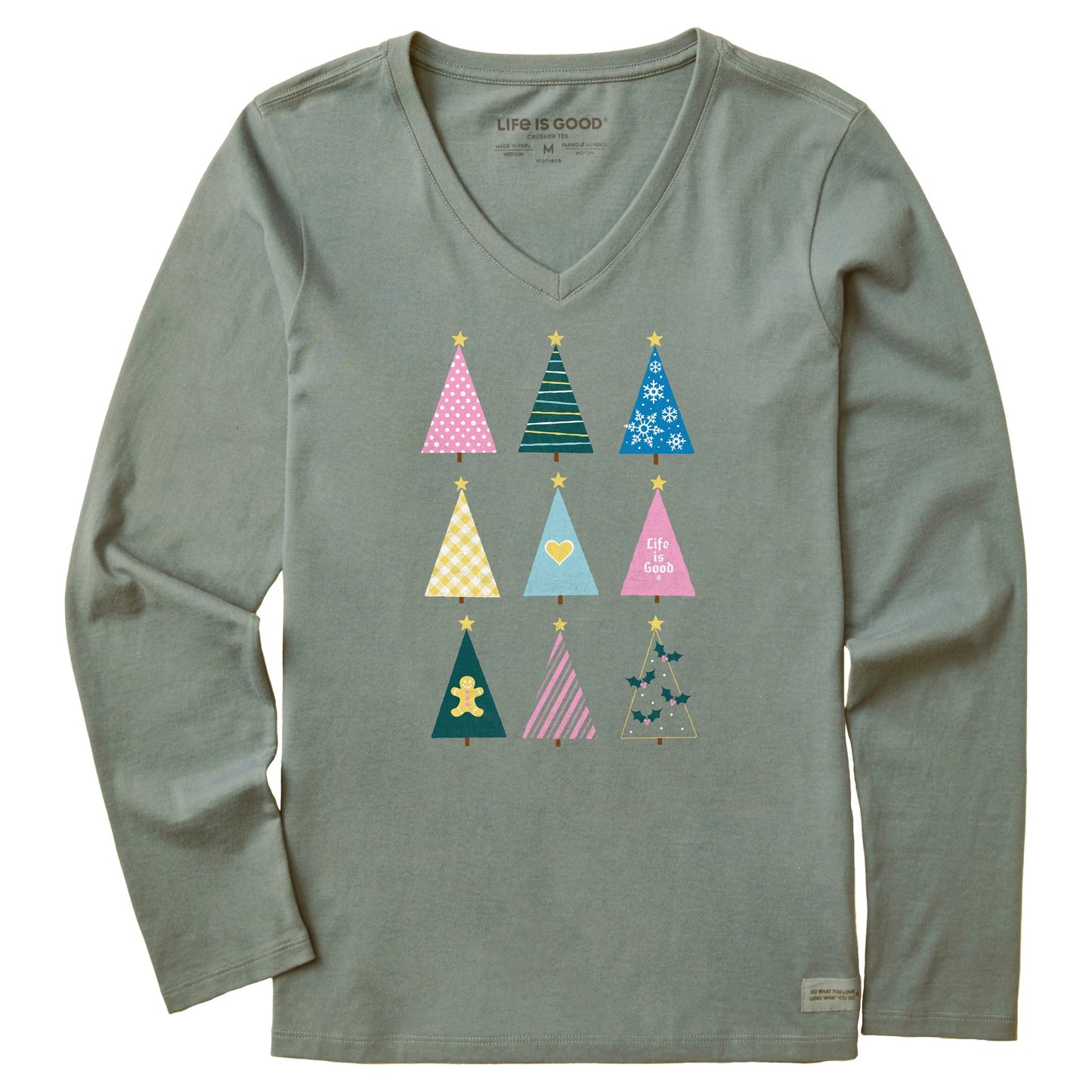 Women's Retro Christmas Trees Long Sleeve Crusher Vee