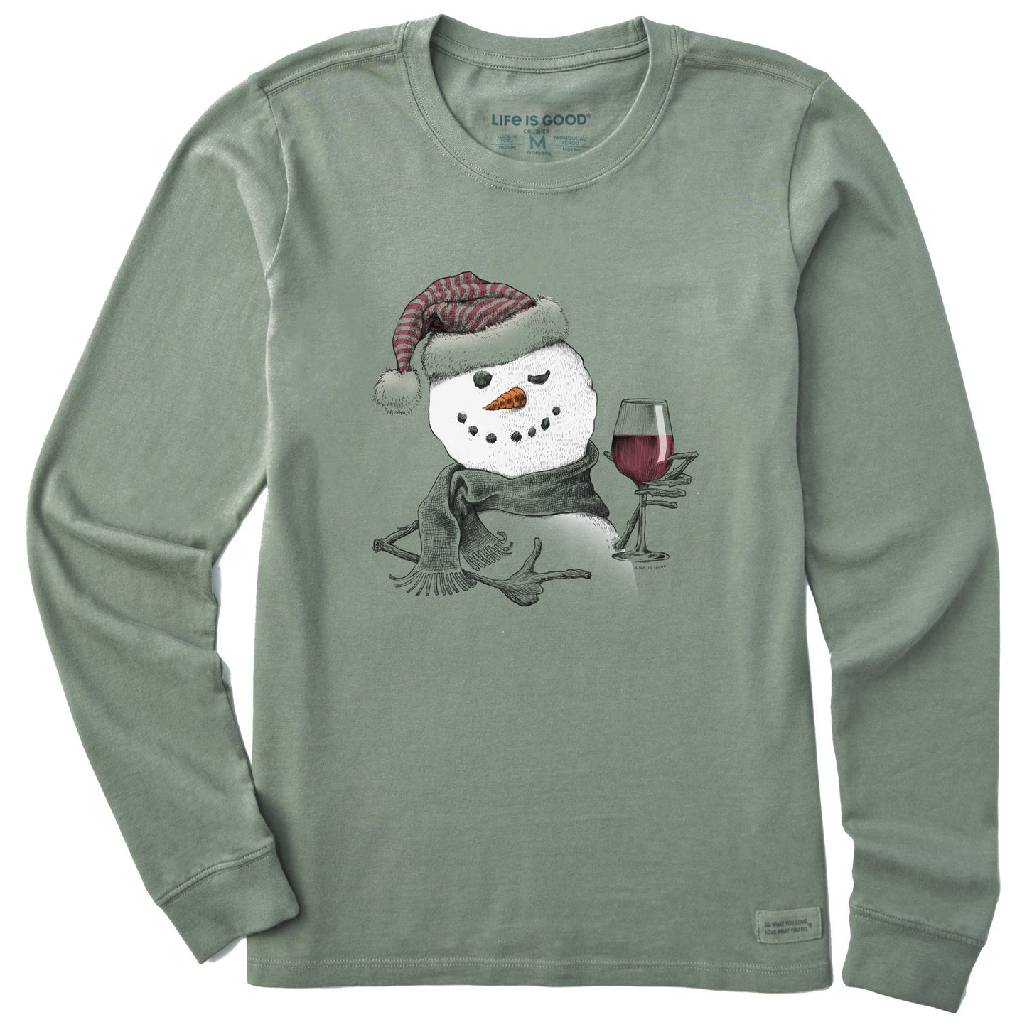 Women's Snowman w Red Wine Long Sleeve Crusher Tee