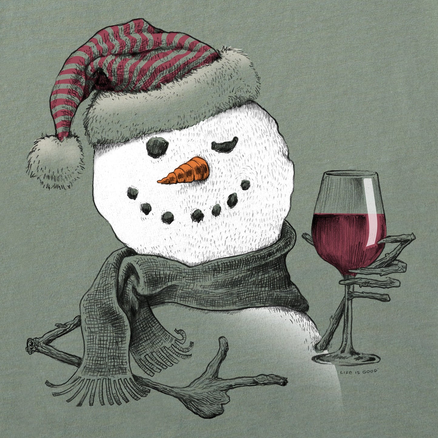 Women's Snowman w Red Wine Long Sleeve Crusher Tee