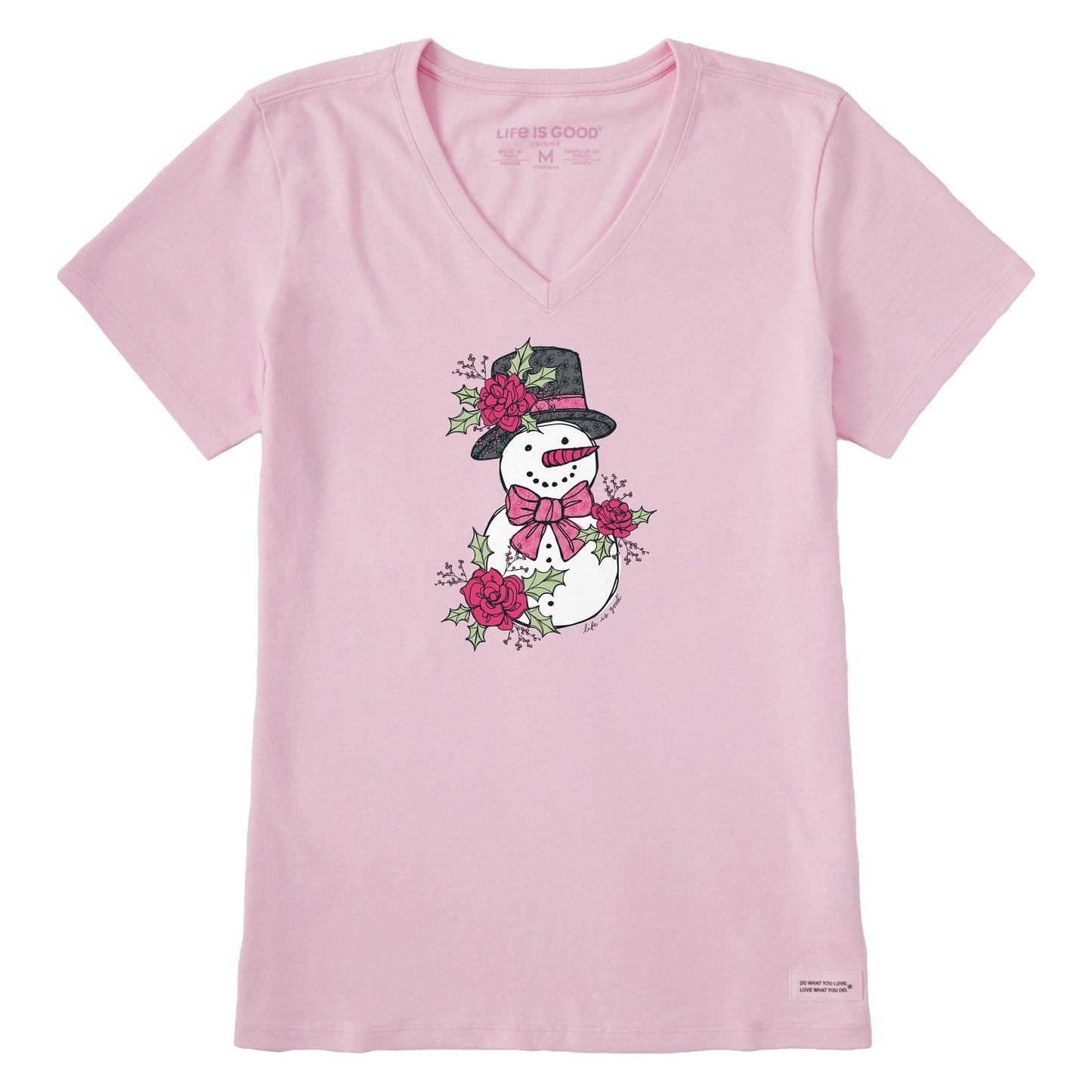 Women's Floral Snowman Short Sleeve Crusher Vee