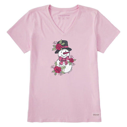 Women's Floral Snowman Short Sleeve Crusher Vee