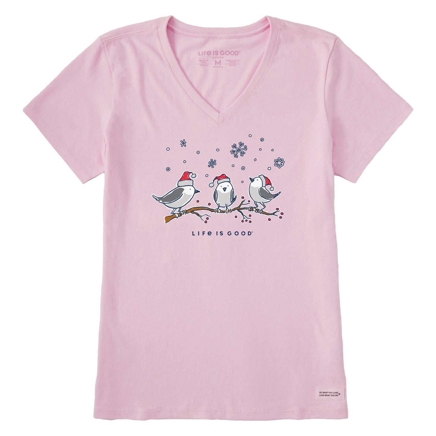 Women's Three Little Holiday Birds Short Sleeve Crusher Vee