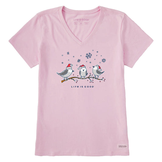 Women's Three Little Holiday Birds Short Sleeve Crusher Vee