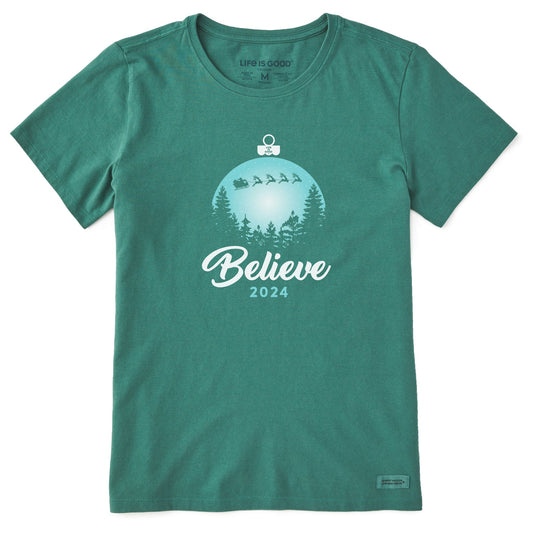 Women's Believe Santa Sleigh 2024 Short Sleeve Crusher Tee