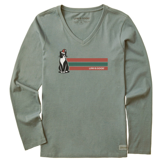 Women's Santa Tuxedo Cat Stripe Long Sleeve Crusher Vee