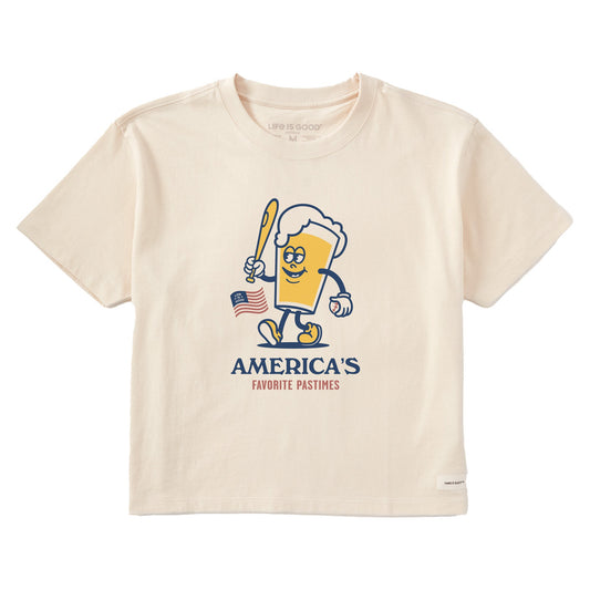 Women's America's Favorite  Baseball Beer Short Sleeve Crusher Boxy Tee