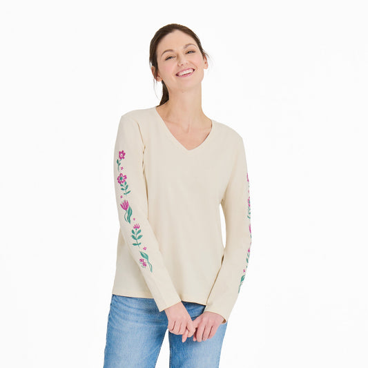 Women's Woodblock Florals Long Sleeve Crusher-LITE Vee