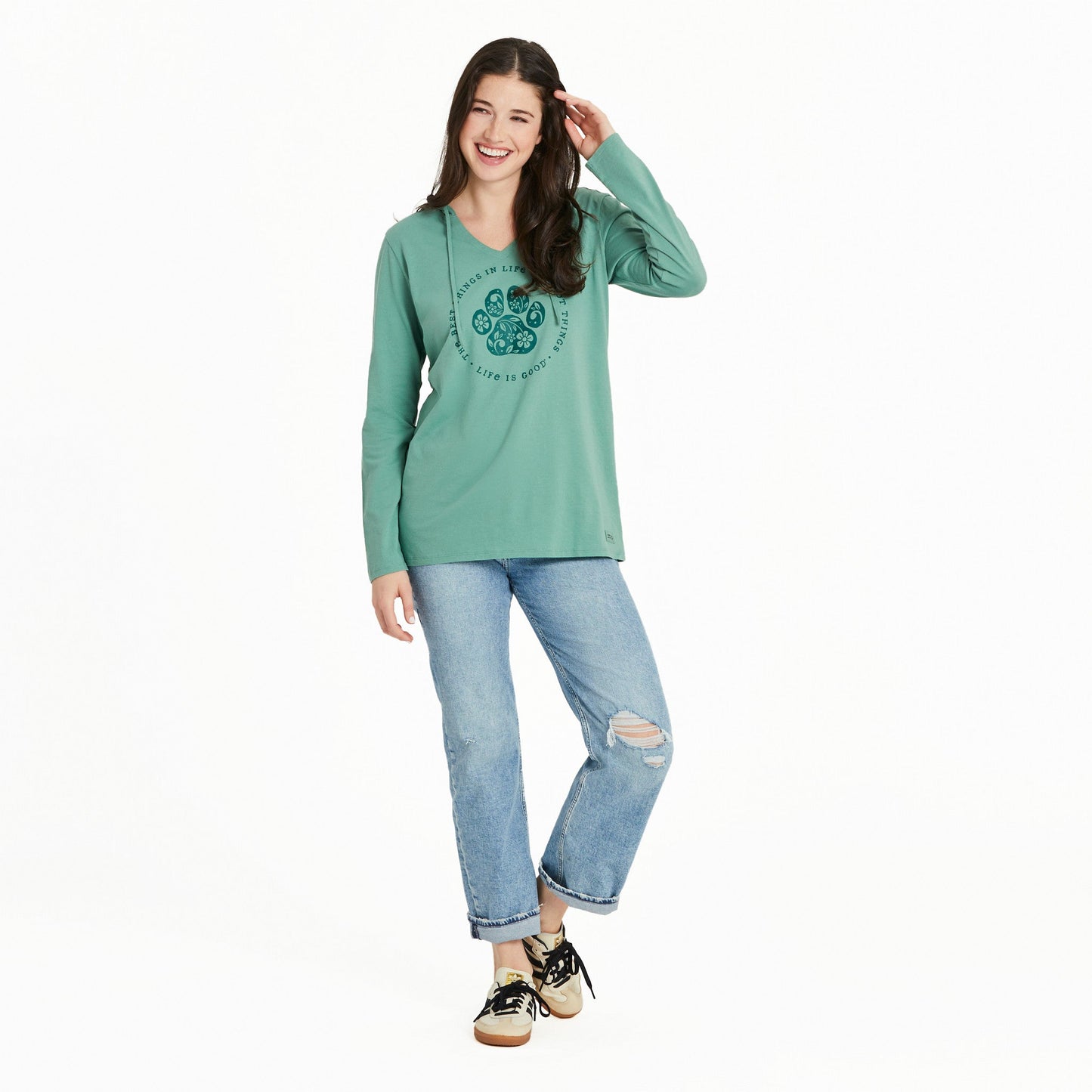 Women's Best Things Floral Paw Long Sleeve Crusher-LITE Hooded Tee