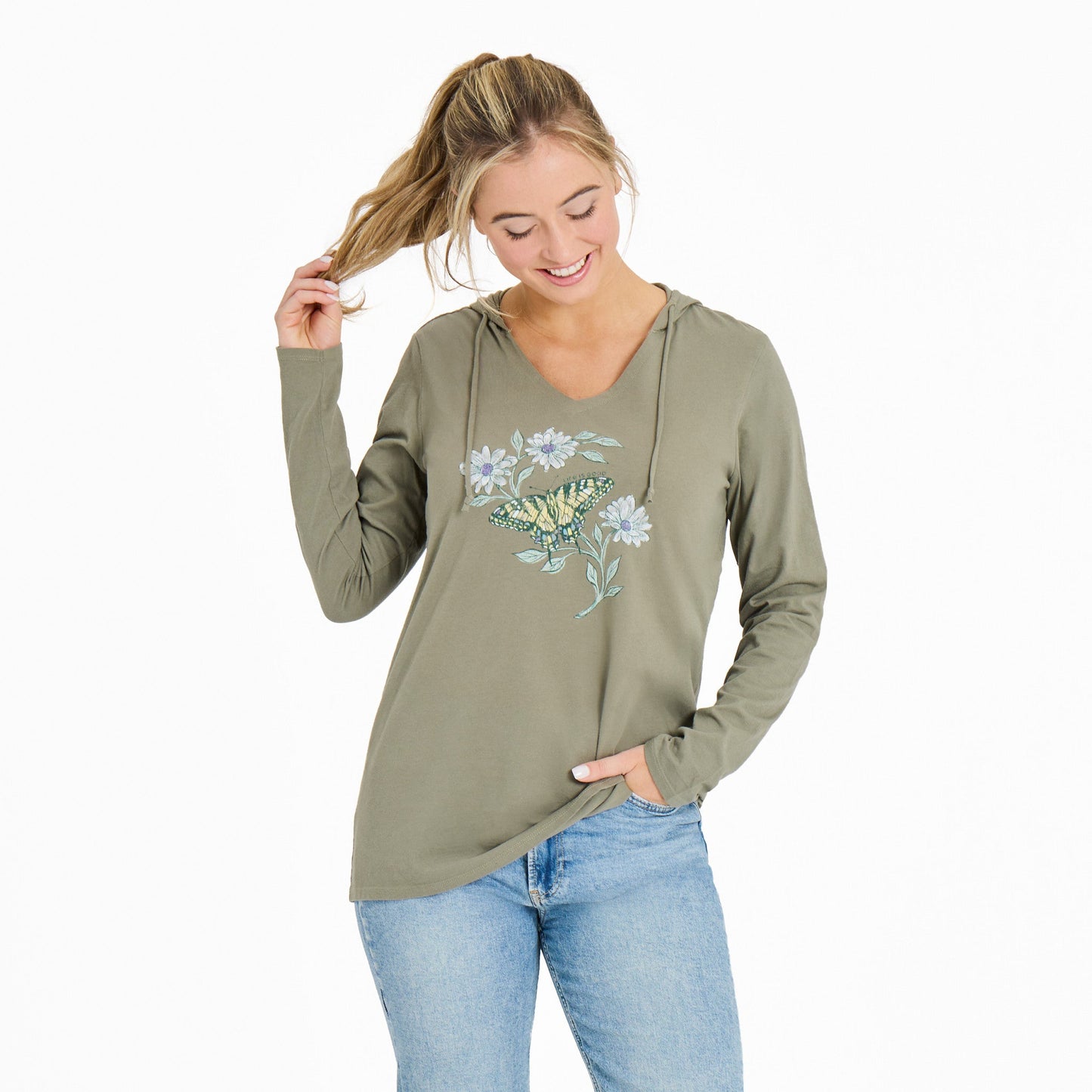 Women's Tiger Butterfly & Daisies Long Sleeve Crusher-LITE Hooded Tee