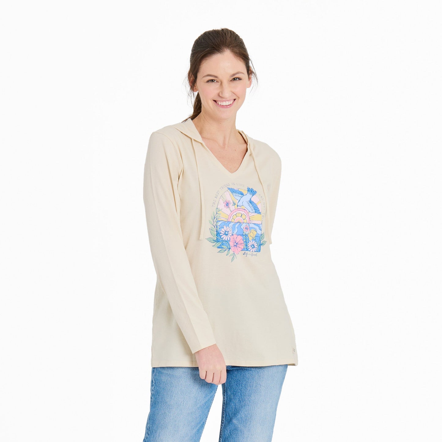 Women's Floral Bird Sunrise Best Things Long Sleeve Crusher-LITE Hooded Tee