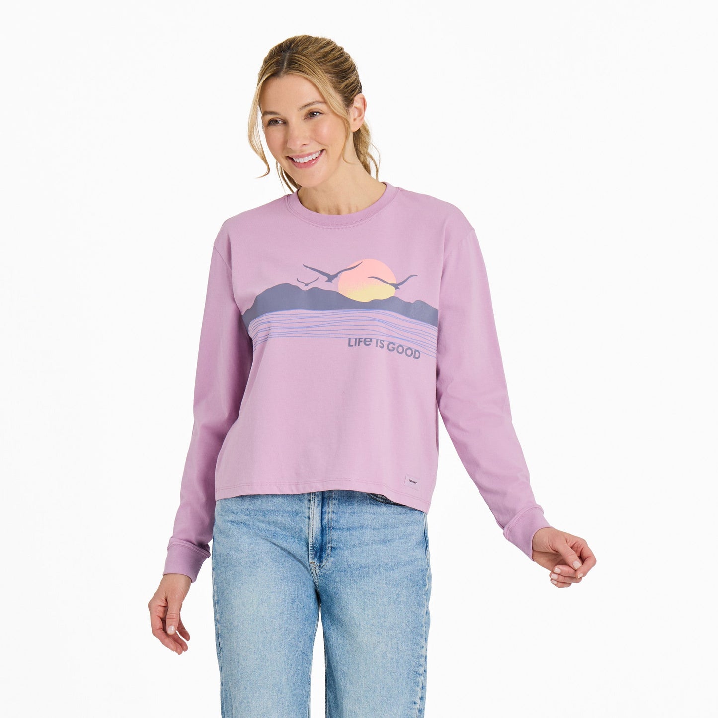 Women's Sunset Seagull Landscape Long Sleeve Crusher Boxy Tee