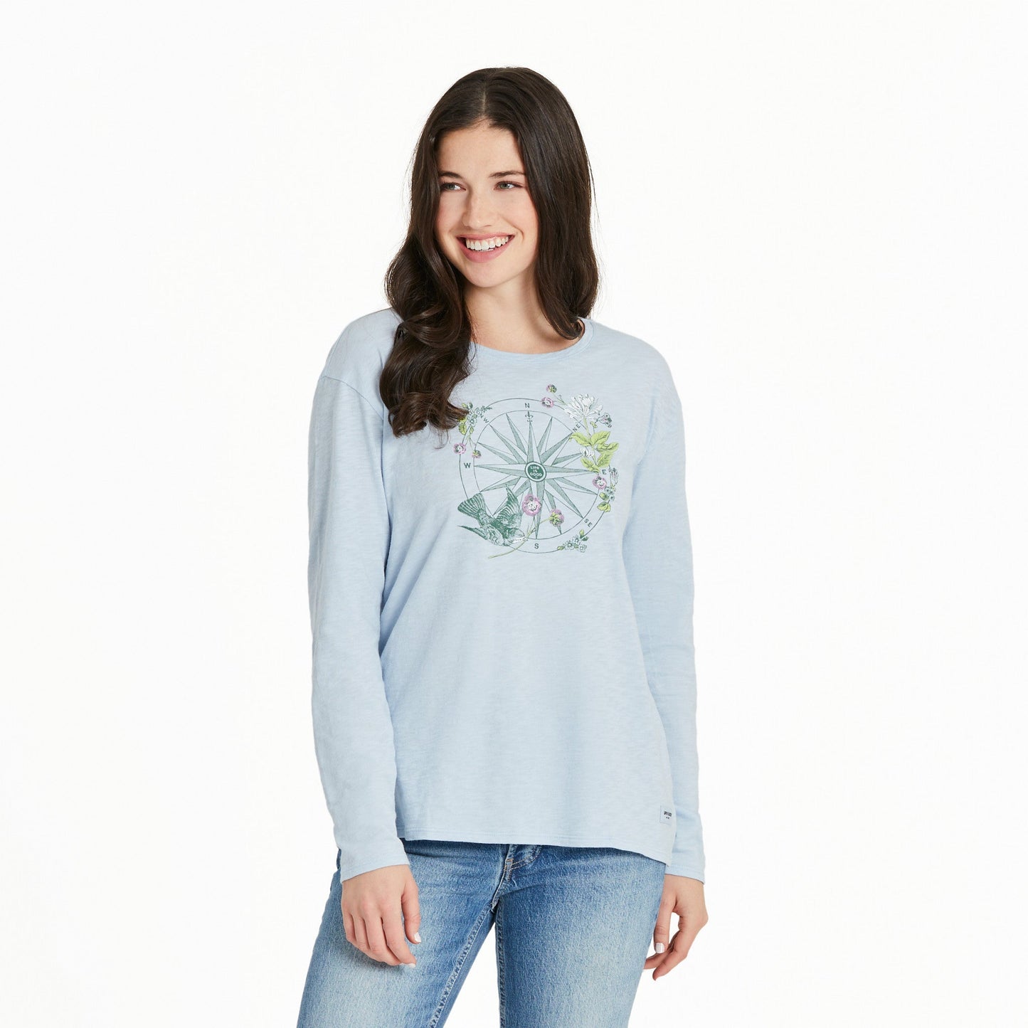 Women's Antique Compass Bird and Flowers Long Sleeve Slub Easy Fit Tee