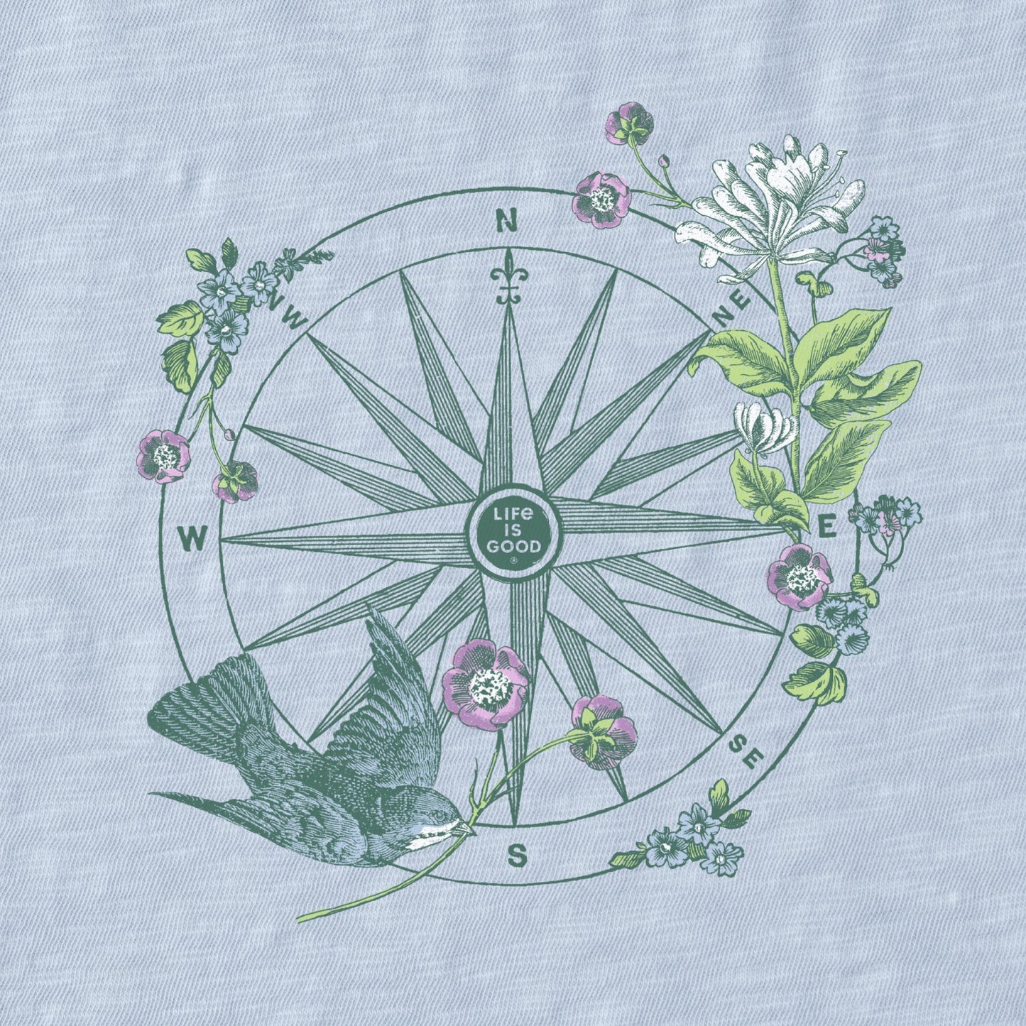 Women's Antique Compass Bird and Flowers Long Sleeve Slub Easy Fit Tee