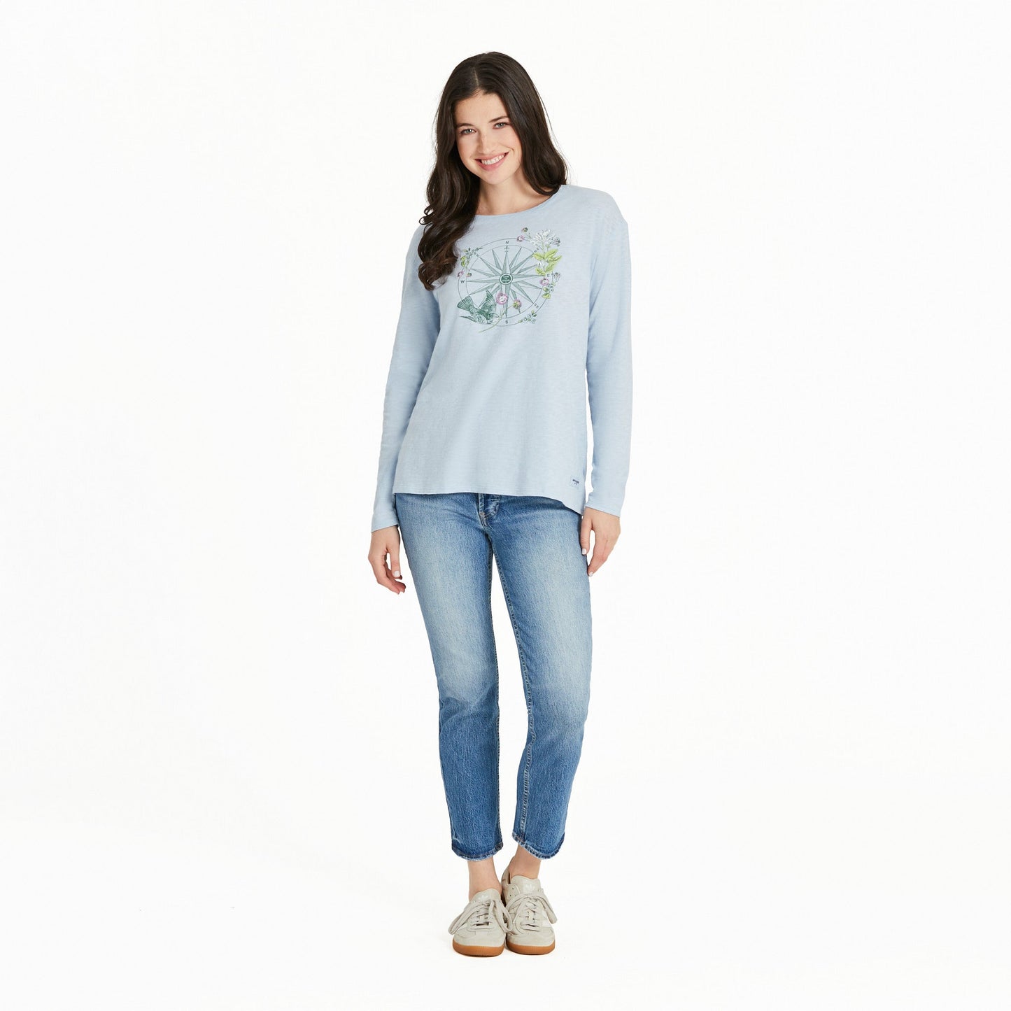 Women's Antique Compass Bird and Flowers Long Sleeve Slub Easy Fit Tee