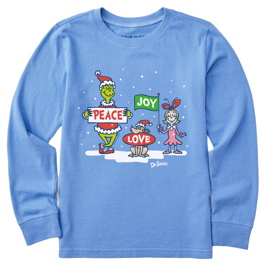 Kids Grinch Peace Love Joy Long Sleeve Crusher Tee