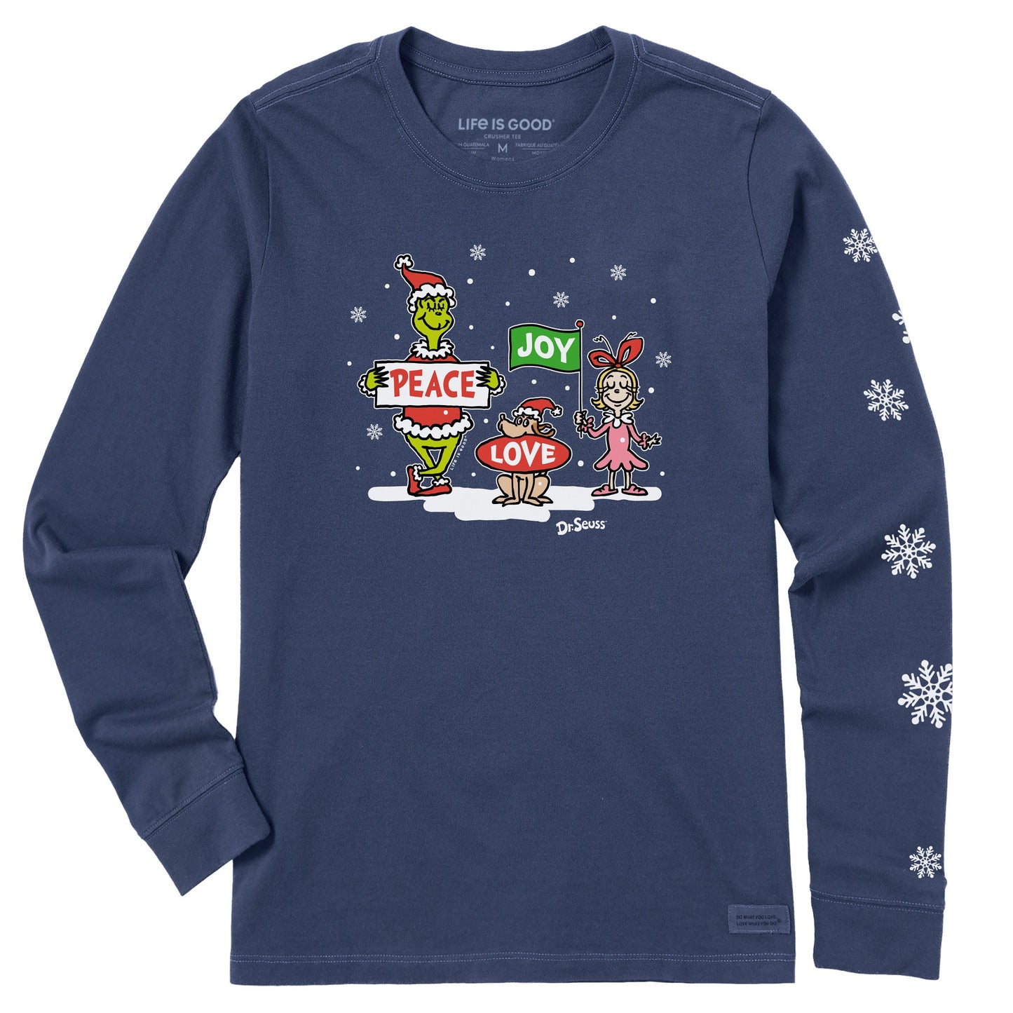 Women's Grinch Peace Love Joy Snow Long Sleeve Crusher Tee