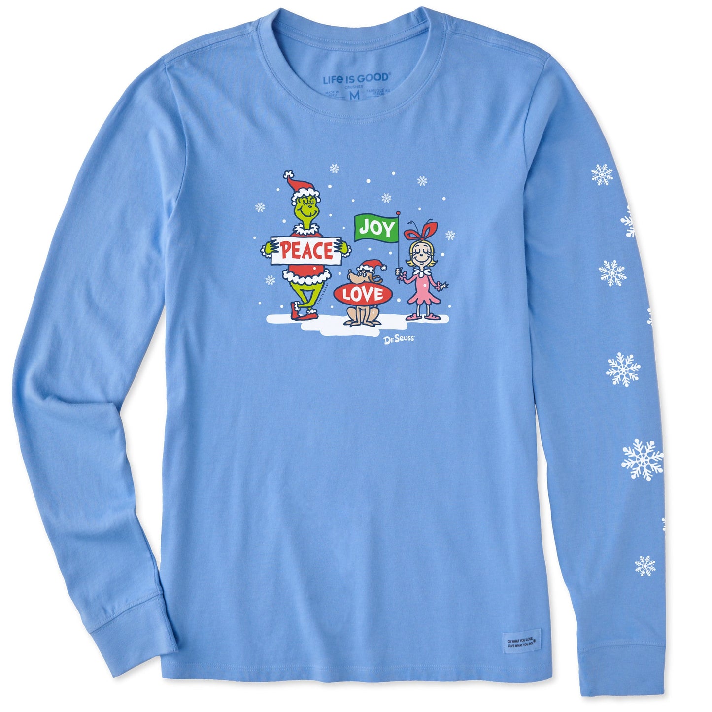 Women's Grinch Peace Love Joy Snow Long Sleeve Crusher Tee