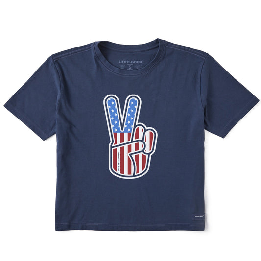 Women's USA Peace Sign Short Sleeve Crusher Boxy Tee