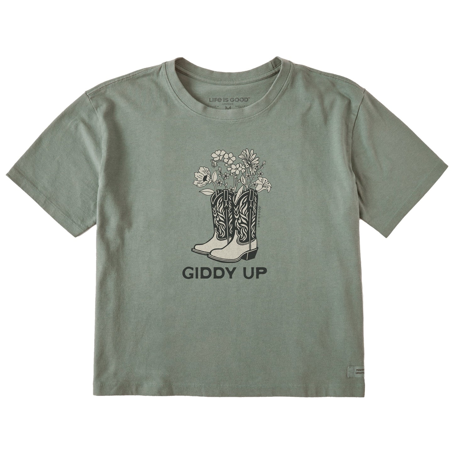 Women's Giddy Up Flower Boots Short Sleeve Crusher Boxy Tee