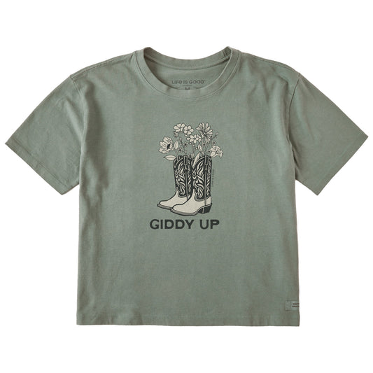 Women's Giddy Up Flower Boots Short Sleeve Crusher Boxy Tee